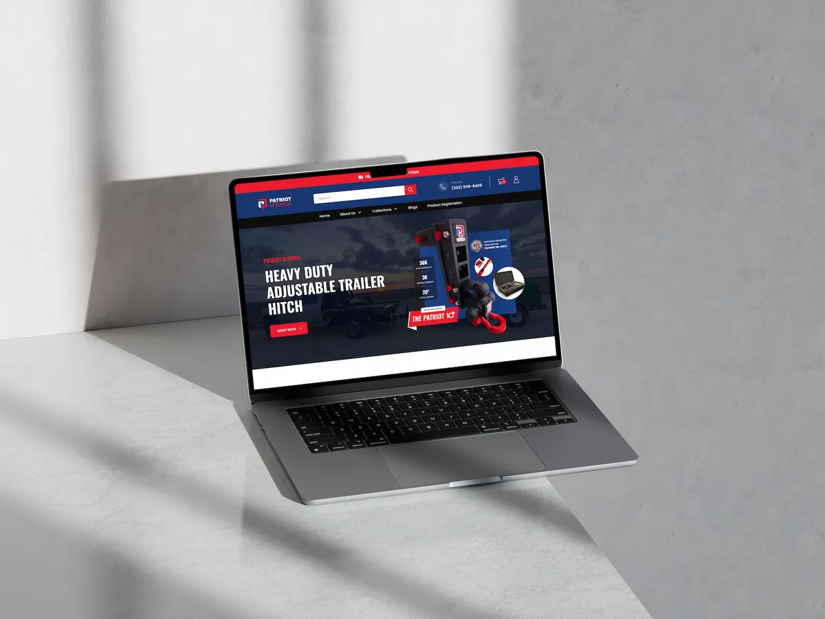 The Patriot Hitches storefront open on a laptop