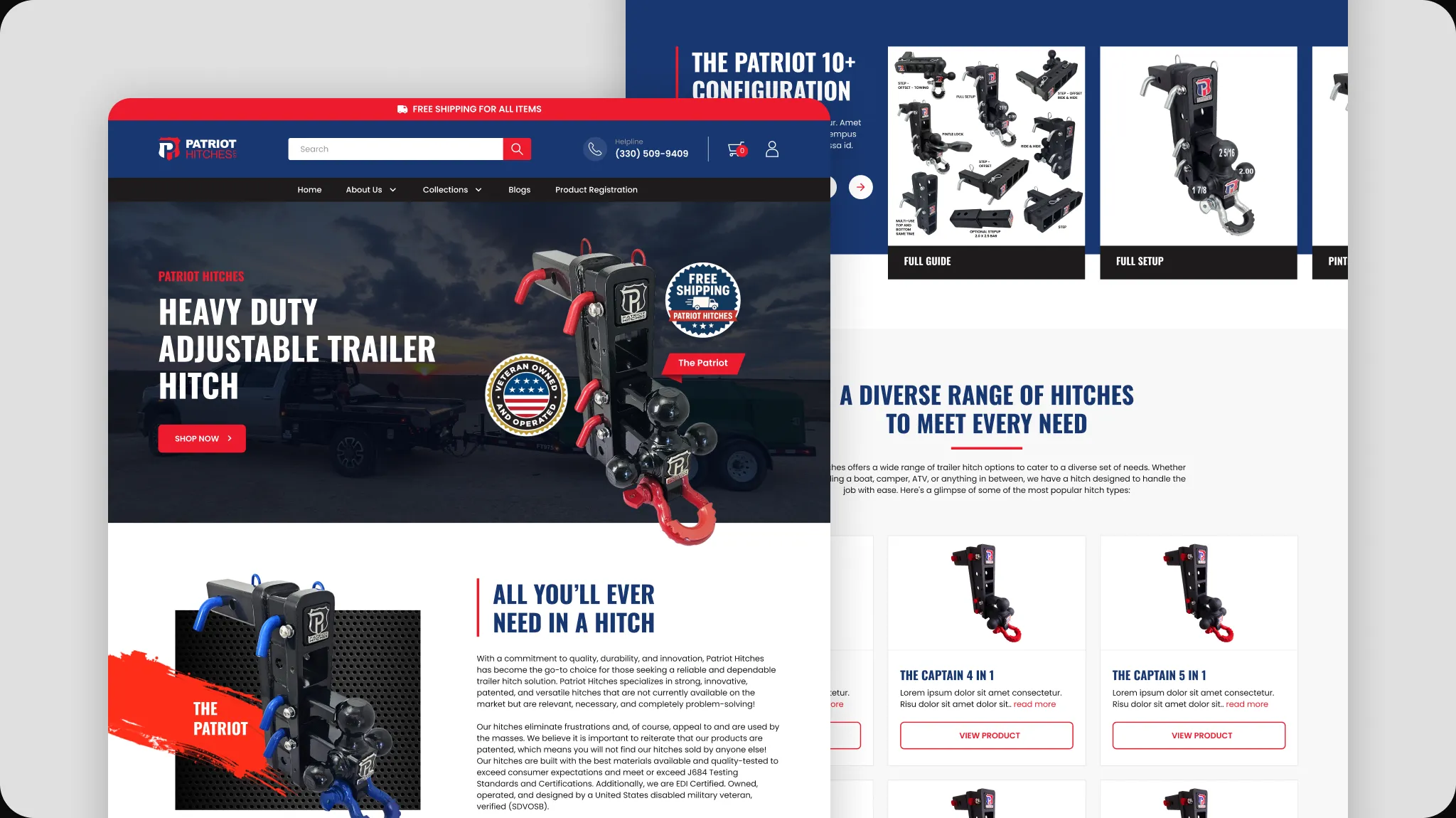 Two pages of the new Patriot Hitches store: the homepage hero and the hitch range