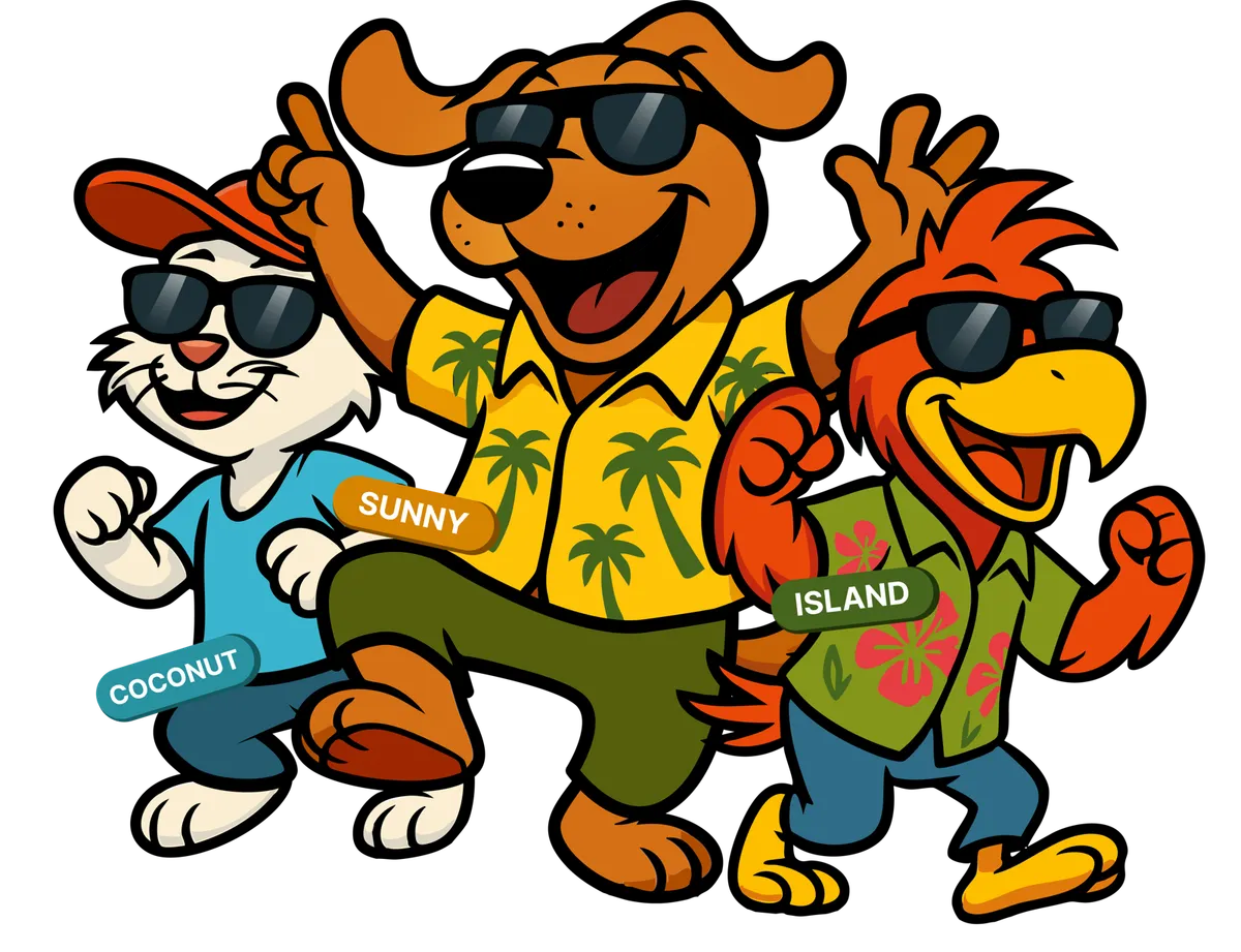 The Paws Paradise mascots: Coconut the cat, Sunny the dog and Island the parrot, in sunglasses and tropical shirts